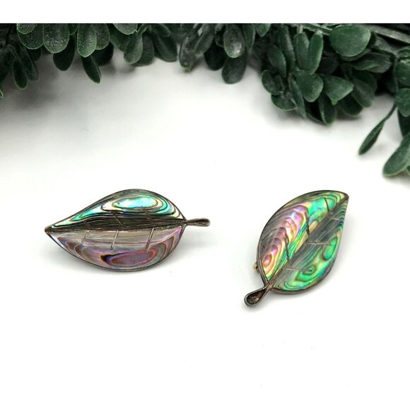 Vintage Leaf Shaped Abalone Shell & Sterling Silver Brooch Set - Picture 2 of 5